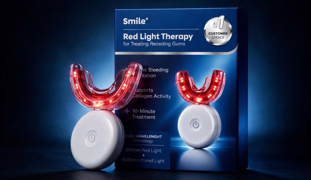 Boccaglio RenuvaSmile a forma di U illuminato di rosso sul controller bianco davanti alla scatola blu
